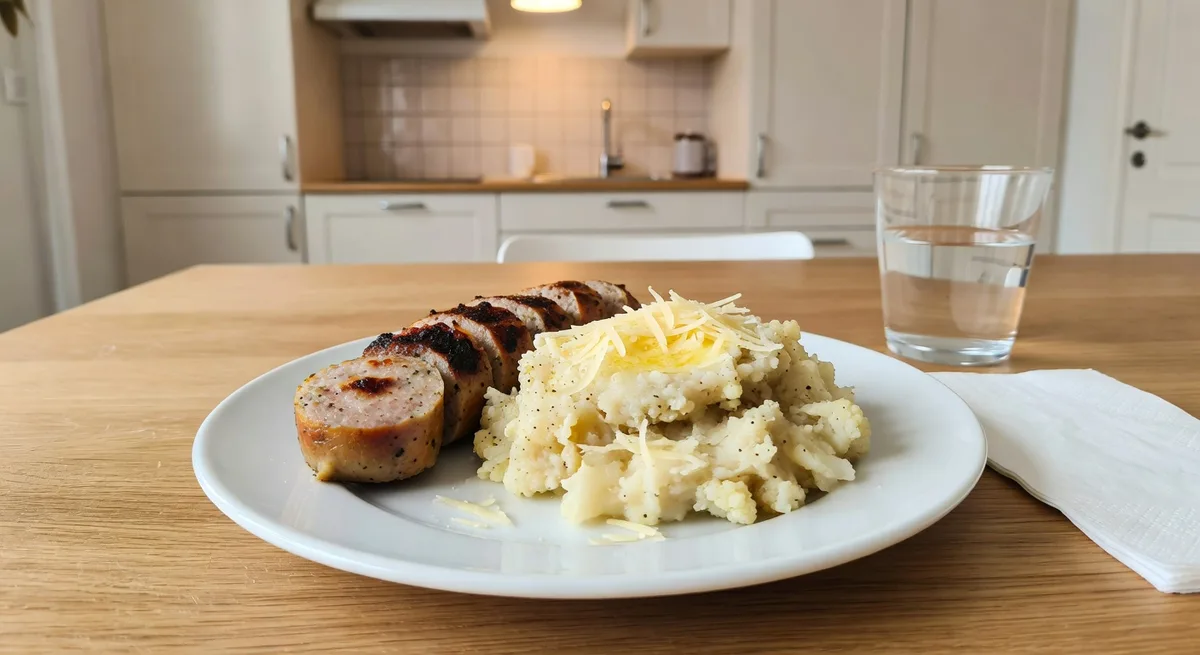 Ugnsstekt kycklingkorv med blomkålsmos och sallad