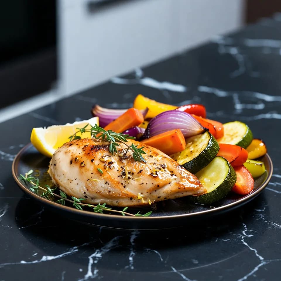 Citronkyckling med ugnsrostade grönsaker serverad på en plåt