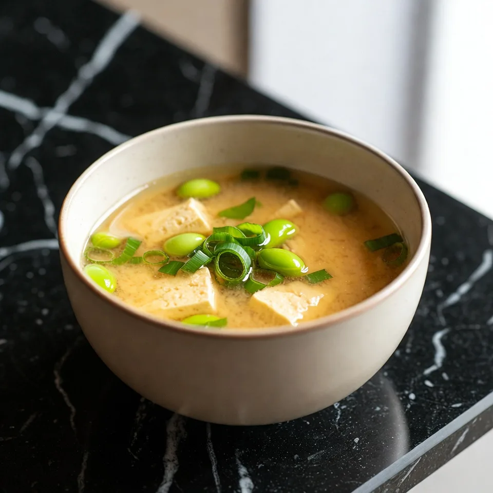 Misosoppa med tofu och edamame i en skål
