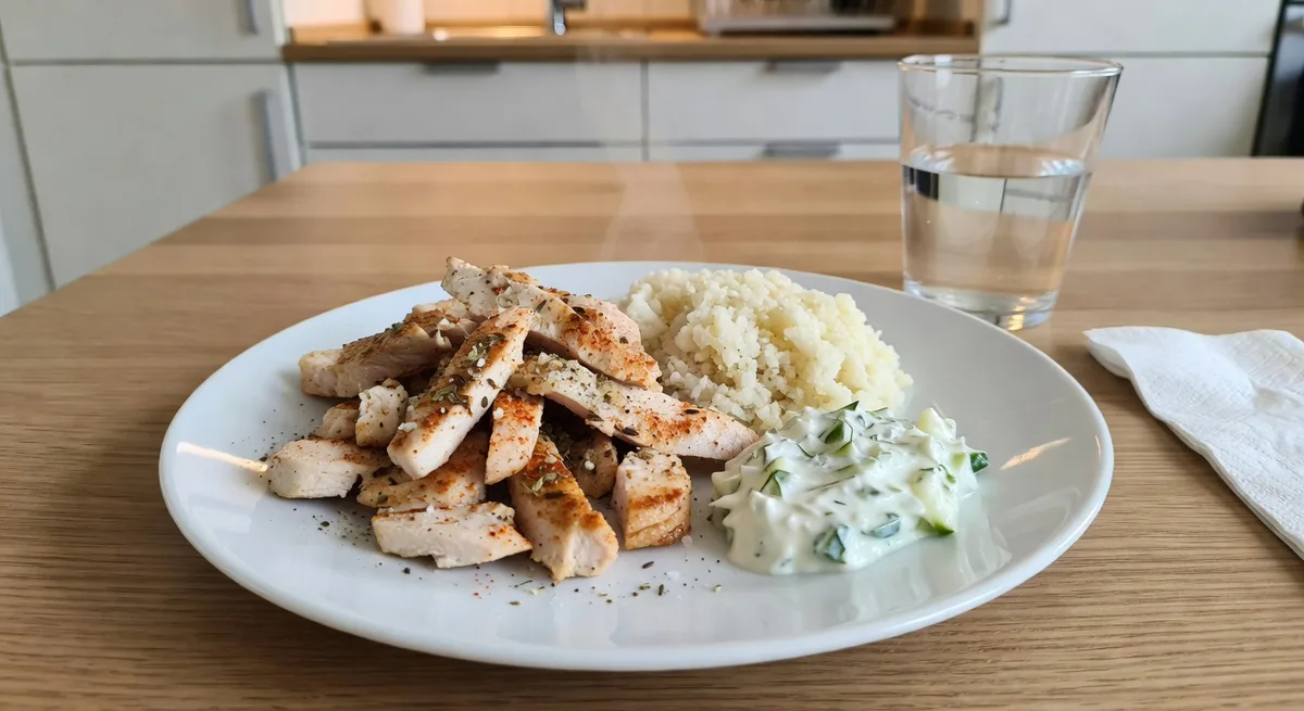 Kycklingkebab med blomkålsris och tzatziki serverad på en tallrik