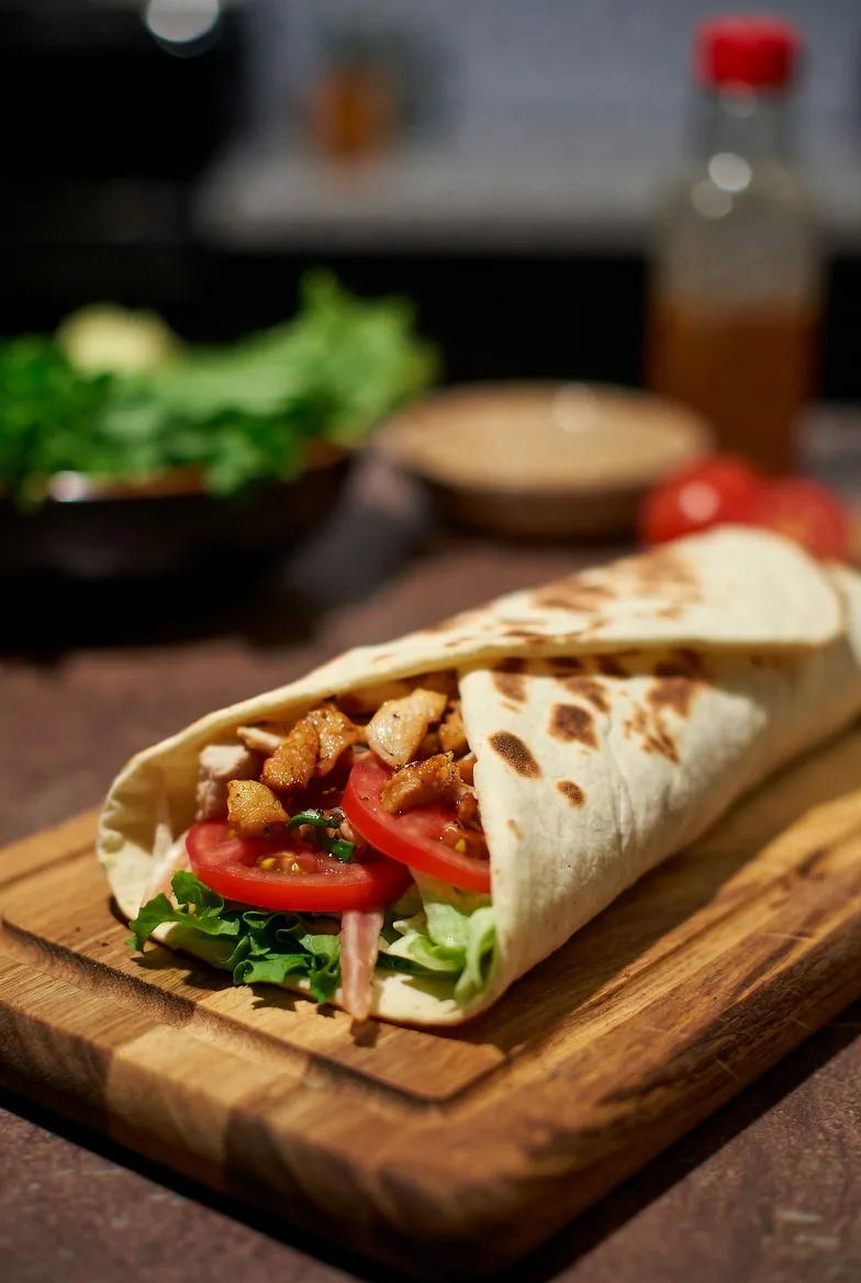 Krispig pizzawrap med kyckling och grönsaker