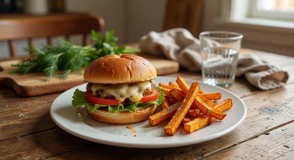 Saftig hamburgare med sötpotatispommes