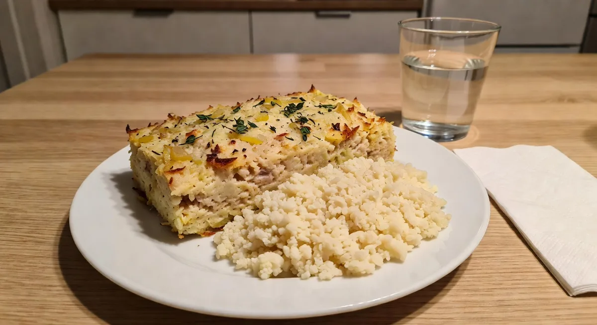 Kålpudding med kalkonfärs och blomkålsris serverad på en tallrik