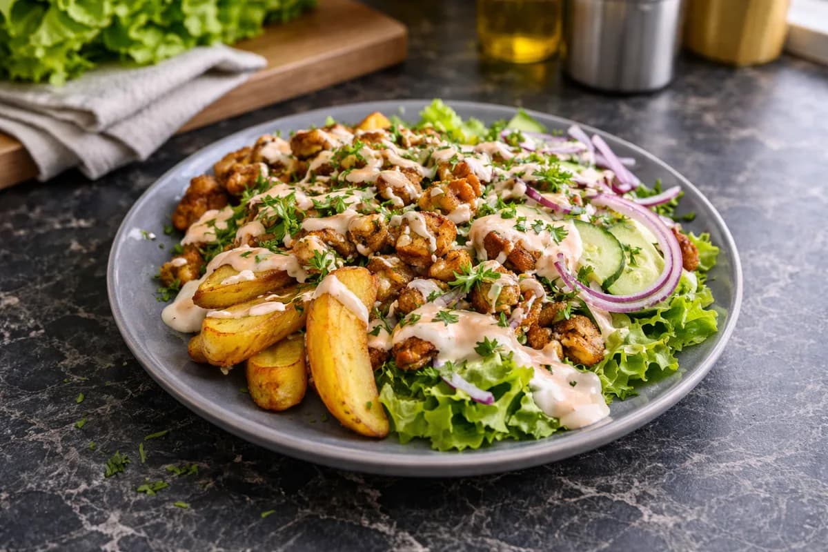 Grillad kycklingkebabtallrik med rostad potatis, krispig kålsallad och krämig vitlöksskyryoghurt