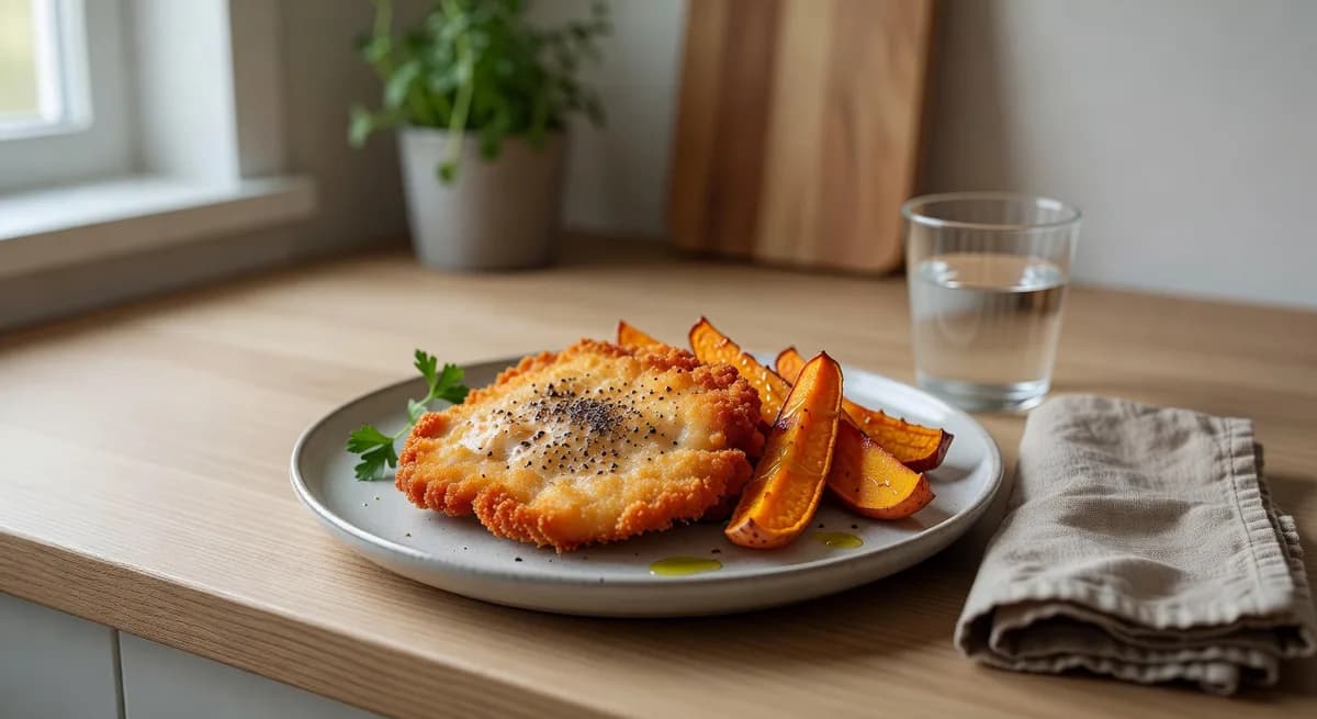 Krispig kycklingschnitzel med rostad sötpotatis