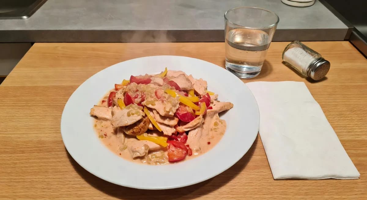 Korv Stroganoff med kyckling och paprika serverad med ris