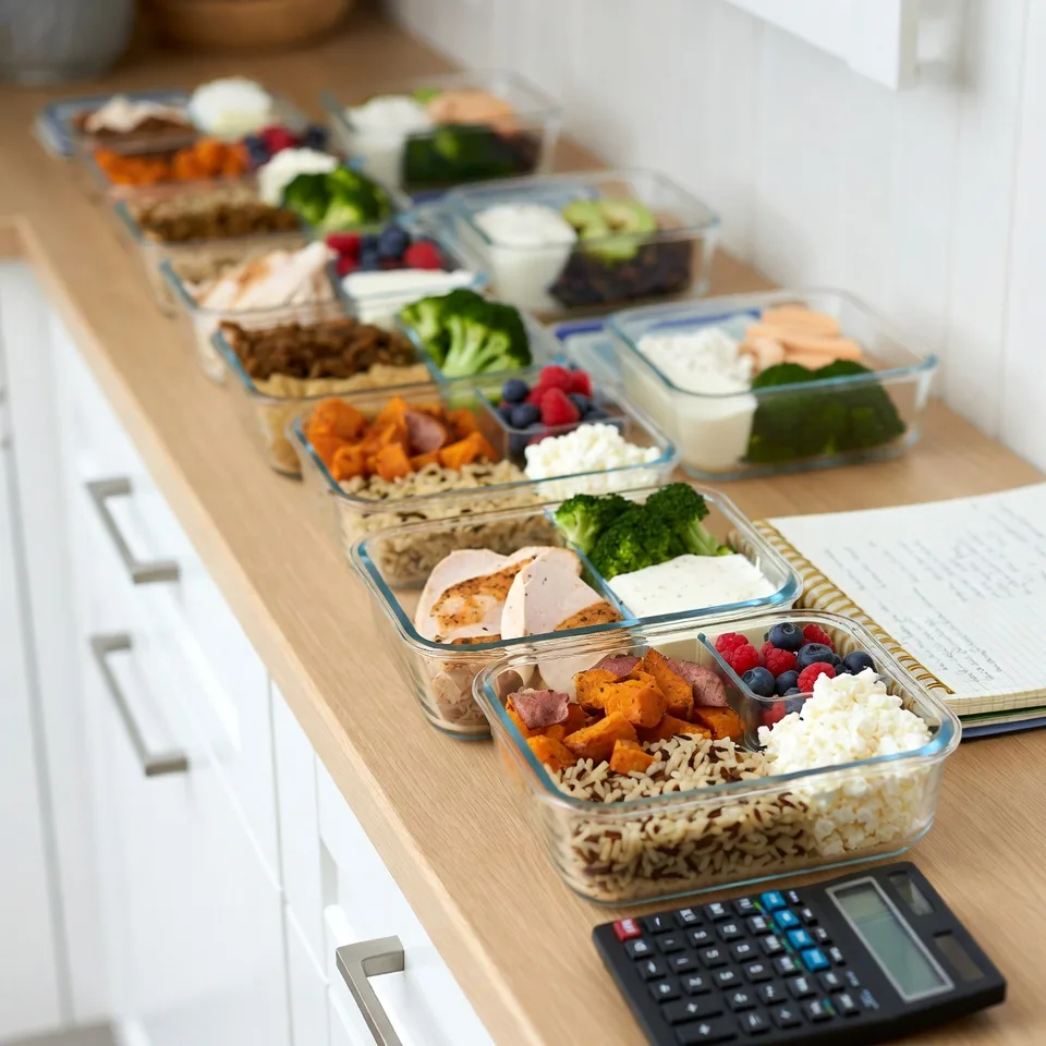 Meal prep för deff: matlådor med kyckling, sötpotatis, ris, broccoli, bär och grekisk yoghurt arrangerade på ett köksbord som exempel på en veckas måltidsplan för fettminskning.