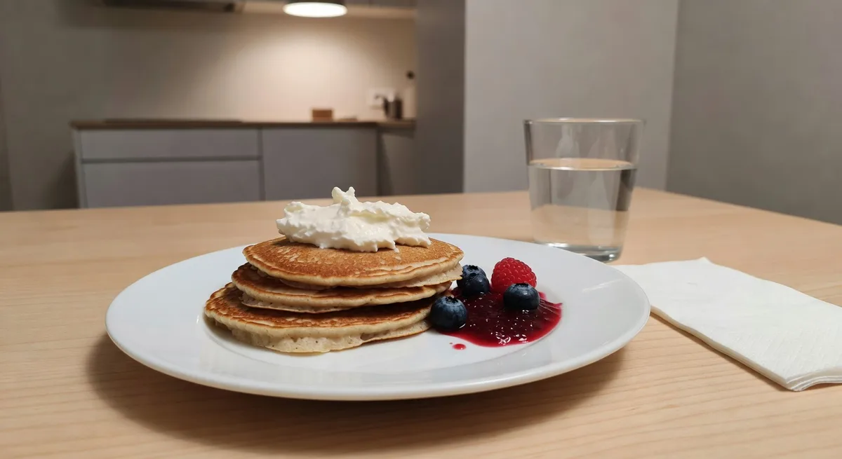 Fluffiga proteinpannkakor med kvarg och bär på en tallrik