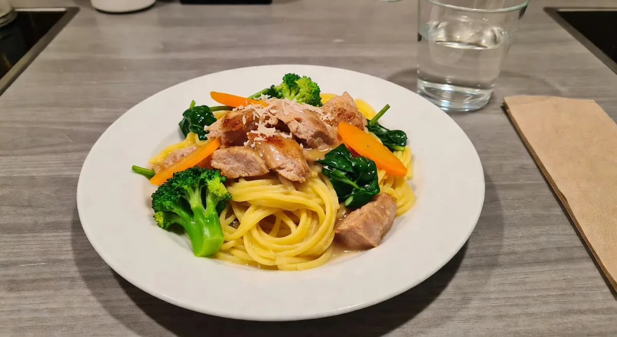 En skål med kycklingramen, grönsaker och äggnudlar