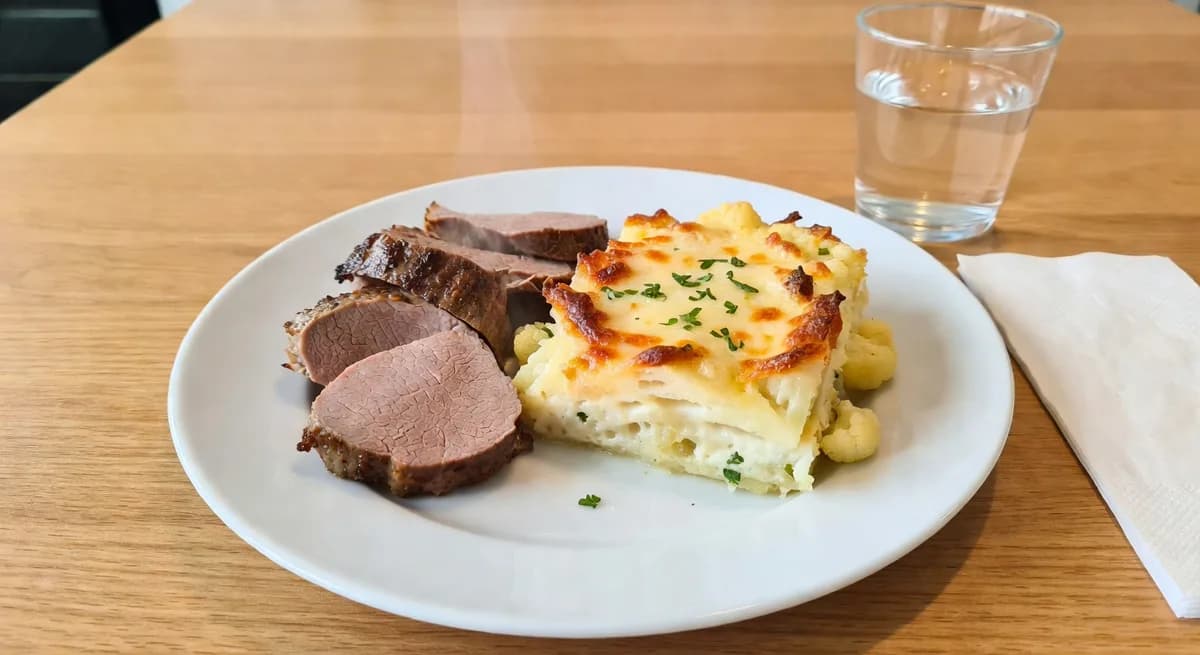 Fläskfilé med blomkålsgratäng serverad på en tallrik