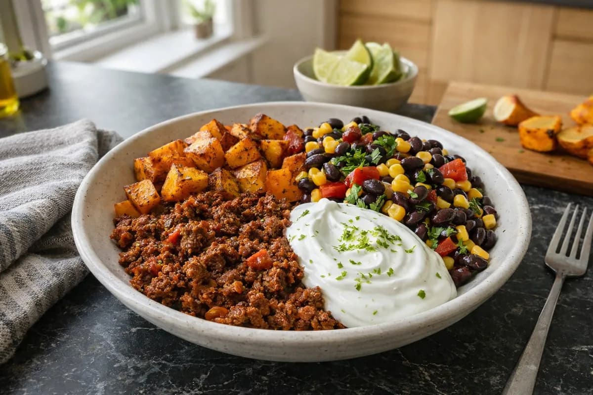 Mexikansk nötfärsgryta med rostad sötpotatis, svart bönsallad och krämig limeyoghurt