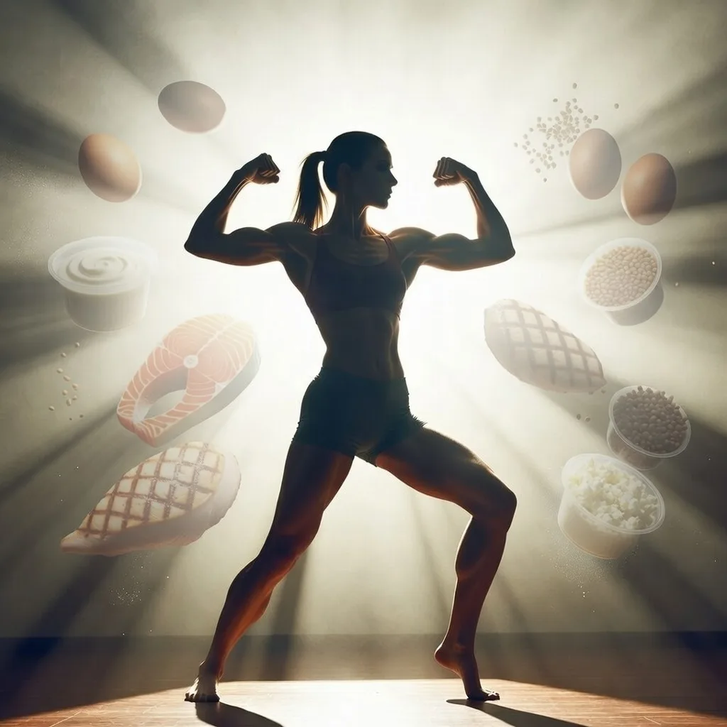 Atlet i dramatiskt ljus omgiven av proteinrika livsmedel som ägg, kyckling, fisk och yoghurt som symboliserar dagligt proteinintag.