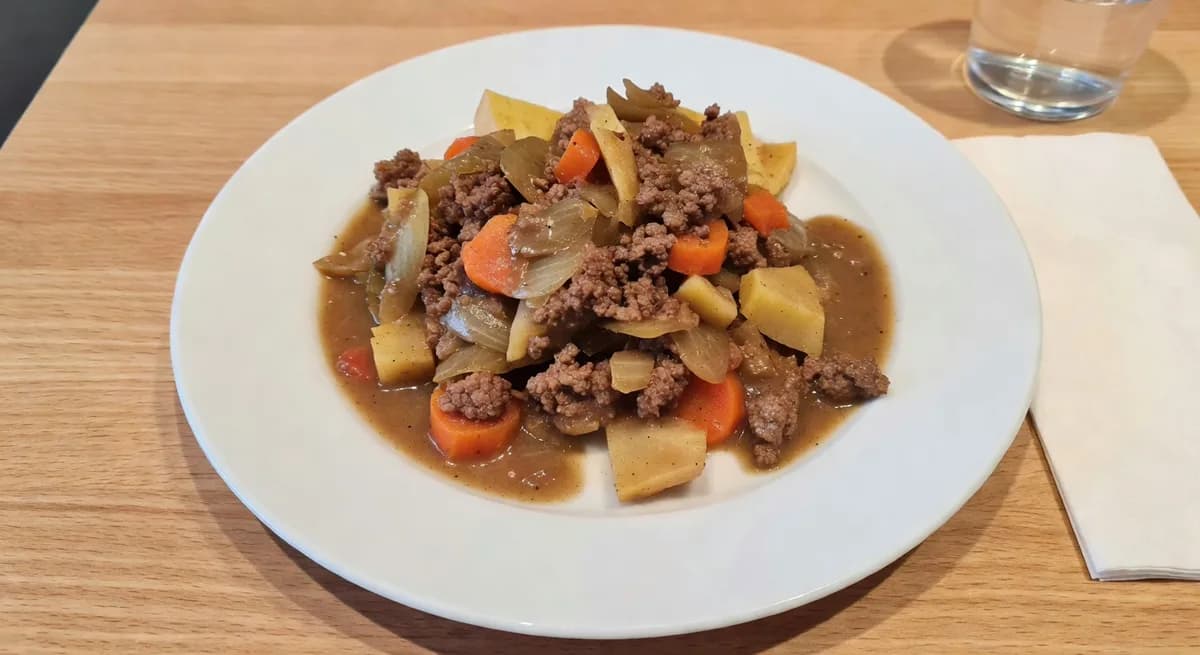 Klassisk kalops med mager nötfärs och rotfrukter serverad i en skål